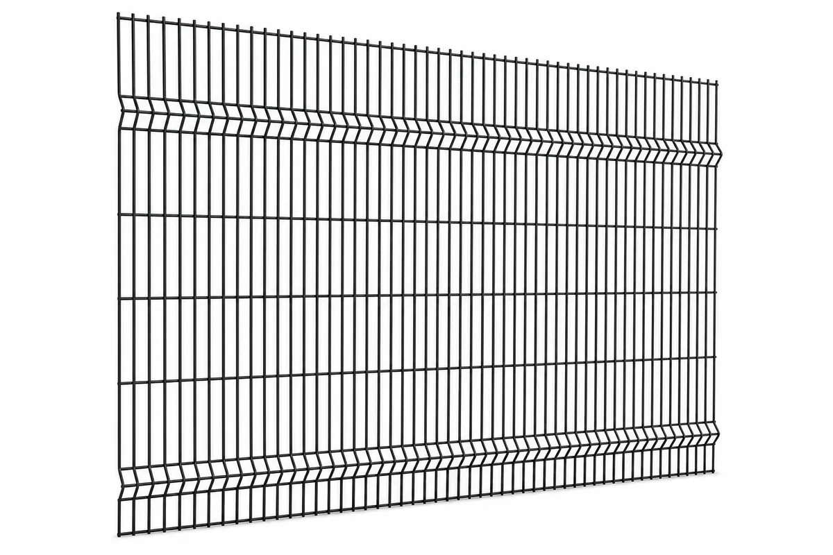 Black 3D welded mesh fence panel on a white background