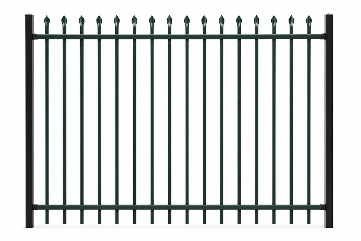 Spear-top steel security fence panel on a white background