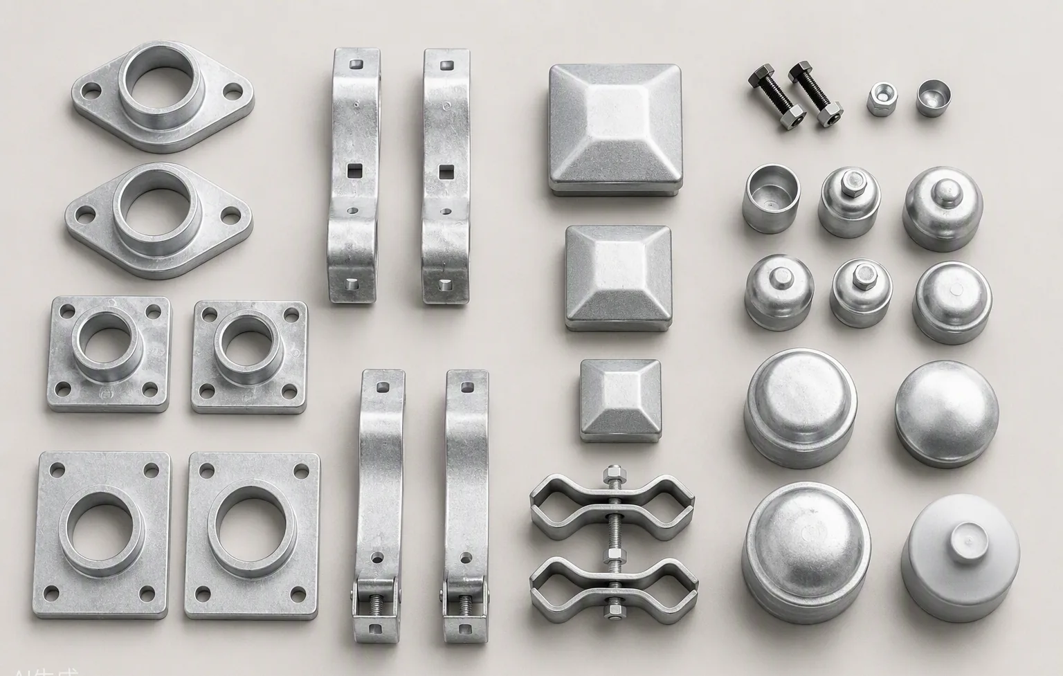 Fence accessories including plastic feet, galvanized clamps and posts